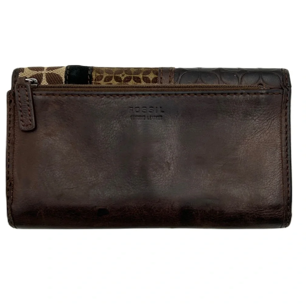 Vntg Fossil Wallet Card Holder Leather‎ Trifold Coin Zip Classic Brown Classic